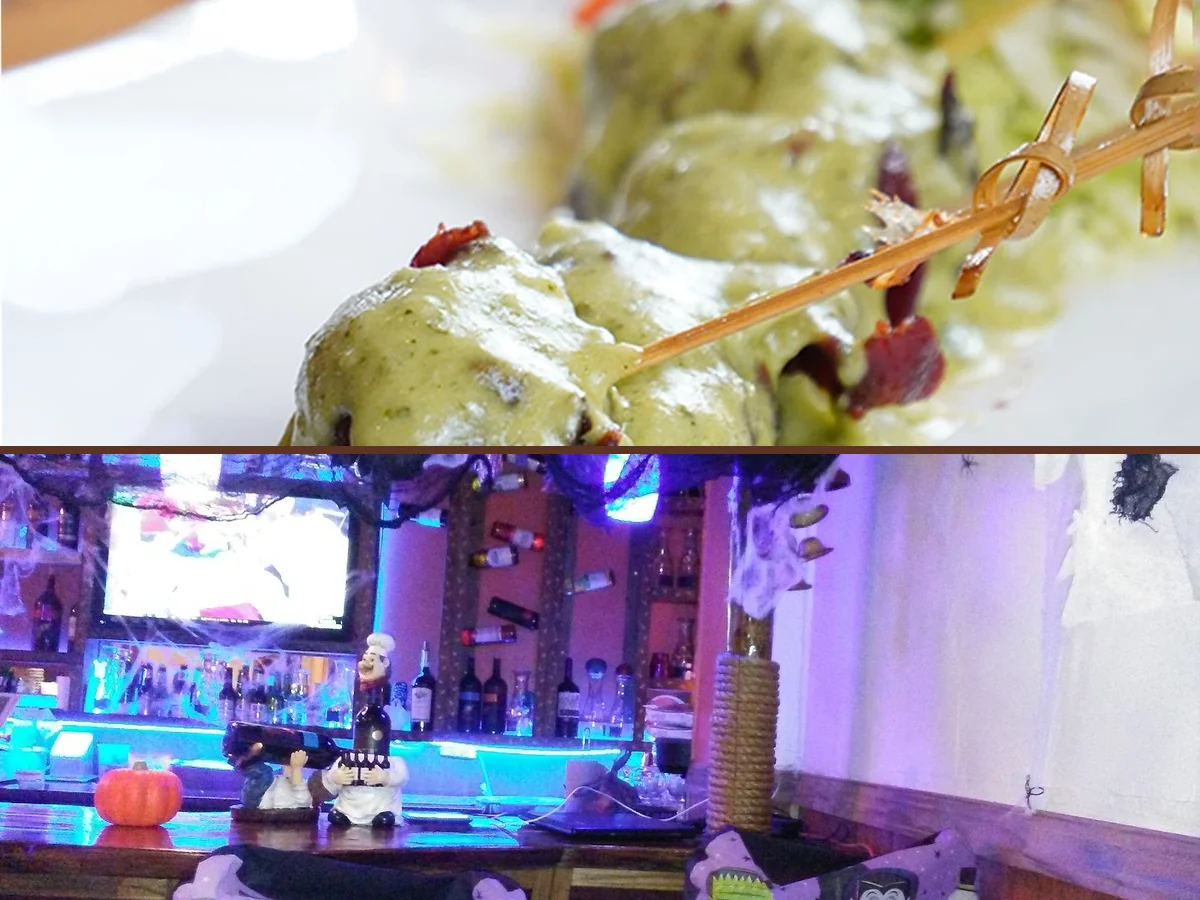 Plates of Caribbean food with bright garnishes.